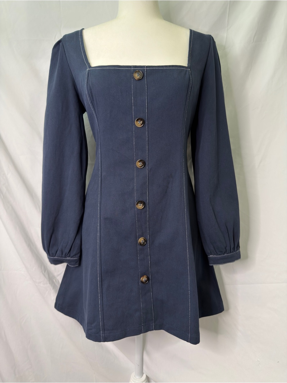 Square-Neck Navy Button-Front Long Sleeve Dress
